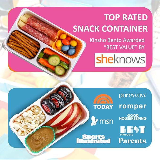 Small Snack Containers for Kids Toddlers - 3 Compartments (Set of 2) - Leak-Proof Reusable Boxes with Lids -BPA-Free Plastic Mini Bento Lunch Box - Ideal for School, Daycare - Holds 2 Cups (Pink+Blue)