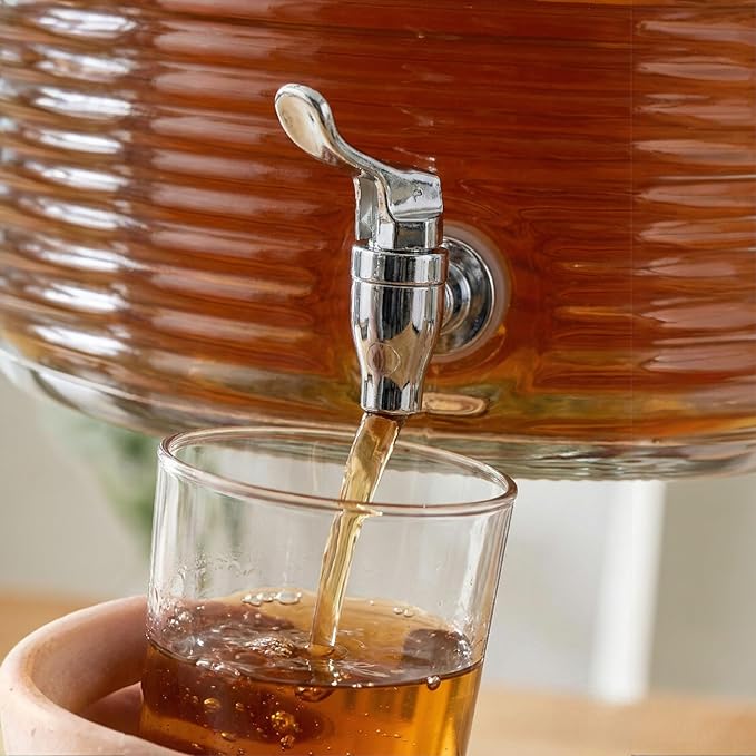 1.3 Gallon Glass Beehive Beverage Dispenser with Spigot- Drink Dispenser for Parties, Weddings and Showers- Mason Jar Style Glass Drink Container with Lid for Tea, Lemonade, and Infused Water