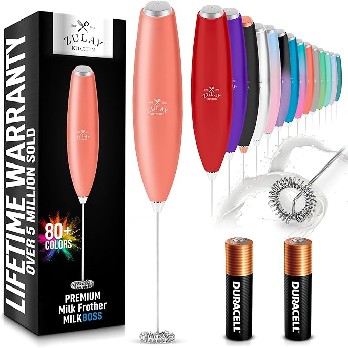 Zulay Kitchen Handheld Milk Frother with Duracell AA Batteries – Ultra Fast Electric Mixer & Foam Maker, Easy-Clean Drink Mixer for Coffee & More Peach n Cream