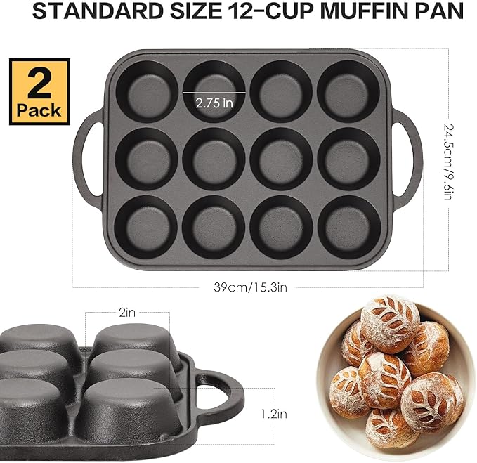 Flavehc 2pack Cast Iron Muffin Pans for Baking 12 Cup Regular Size Cupcake Pan with Handle Pre-Seasoned Muffin Pans Molds