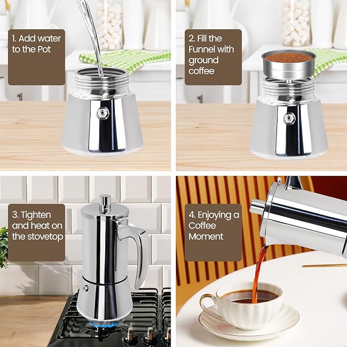 6 Cup Thickened Moka Pot 304 Stainless Steel 300ml Italian Espresso Coffee Maker Stovetop CoffeeMakers Mocha Pot Percolator for Induction Stove Classic Cafe Makers Portable for Easy Brewing