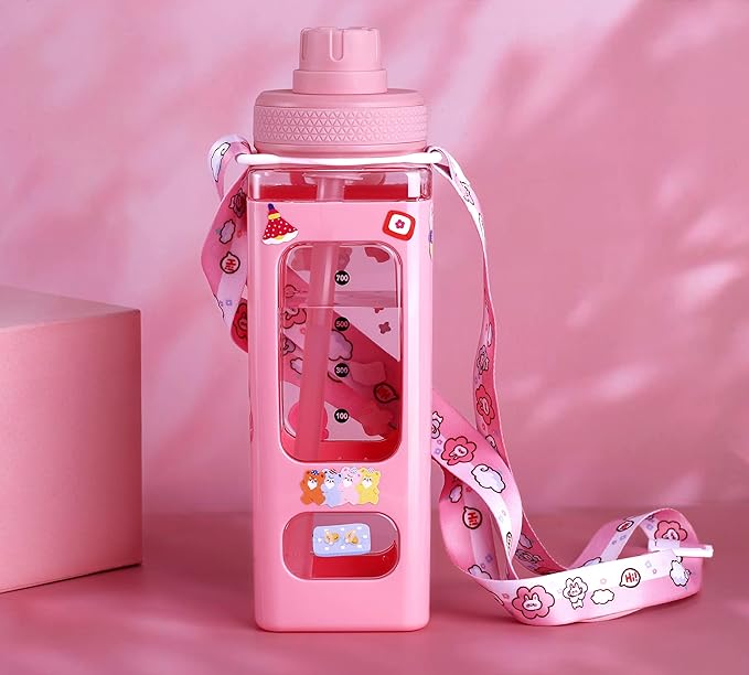 Kawaii Bear Pastel Water Bottle With 3D Sticker 700ml Plastic Travel Tea Juice Milk Portable Cute Shaker Drink Bottle Gift (Pink)