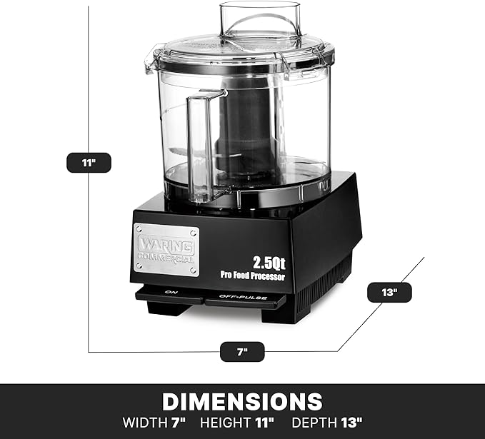 Waring Commercial WFP11SW 2.5 Quart Food Processor, 3/4 HP Motor, Low Profile Design, Patented LiquiLock Seal Bowl System, Includes Whipping Disc and a Standard S blade for Chopping, Pureeing, and Emulsyfying, 120V, 5-15 Phase Plug