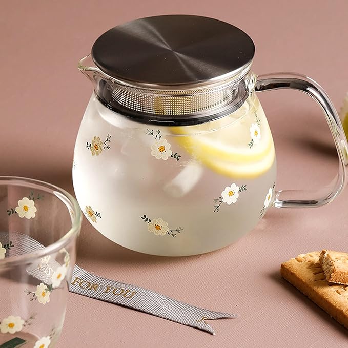 Iced Tea Pitchers High Borosilicate Glass Pitcher with Filter Cover Cute Cold Water Jug Small Teapot for Juice, Milk, Hot and Cold Drinks (A)