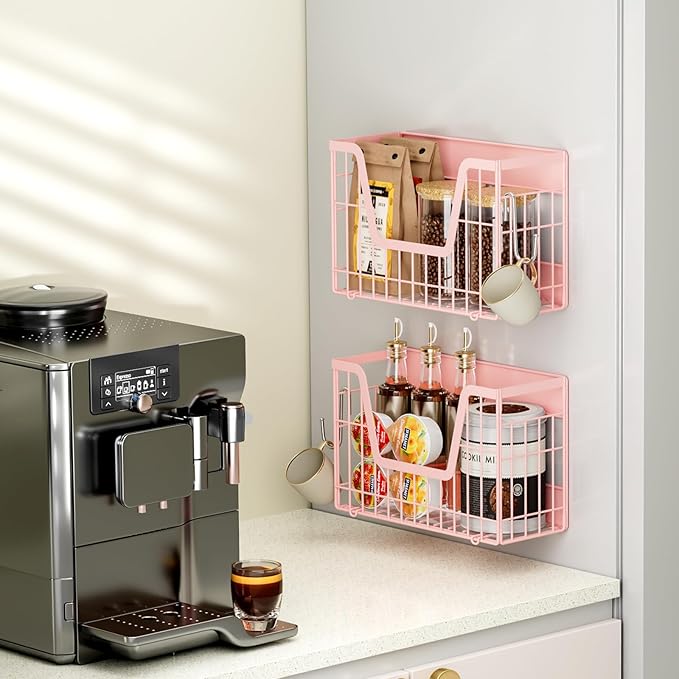 Pink Magnetic Shelf for Fridge, 2 Set Magnetic Fruit Baskets for Refrigerator Magnet Shelves, Potato and Onion Storage Bins, Magnet Holder Wire Basket for Laundry Room Pantry Kitchen Organizer