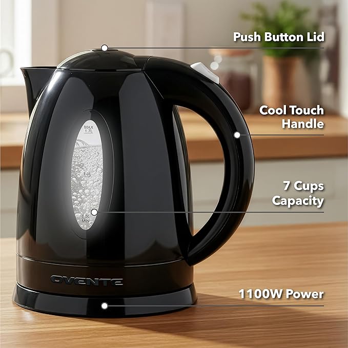 OVENTE Electric Kettle, 1.7L Fast Boiling Water Heater for Coffee or Tea, BPA Free with Water Level Gauge, Auto Shut-Off, Boil-Dry Protection, Indicator Light and Removable Filter, Black KP72B
