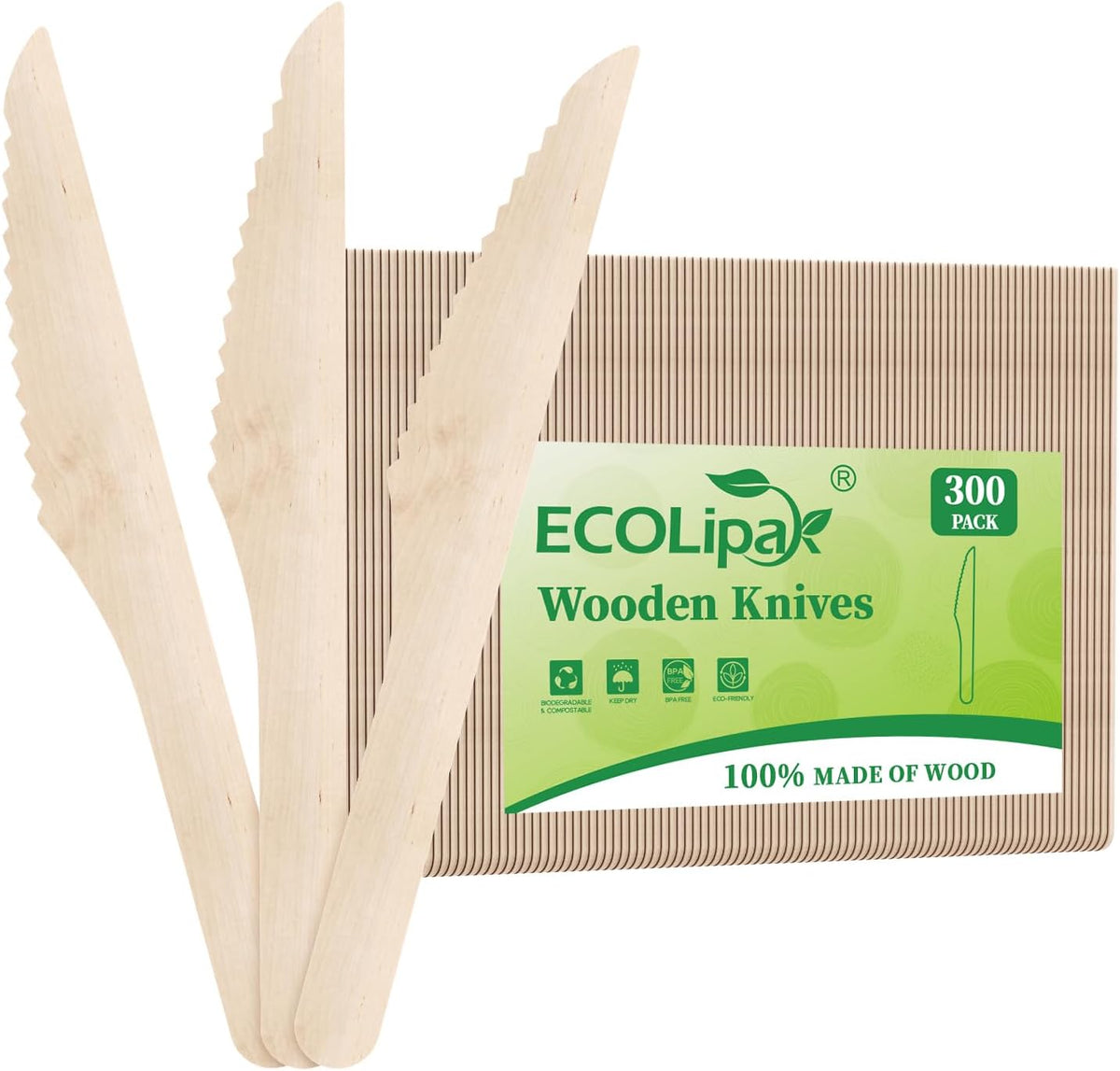 ECOLipak 300 Count Disposable Wooden Knives, Wooden Compostable Disposable Knives for Party, Camping, Traveling, Family Dinners