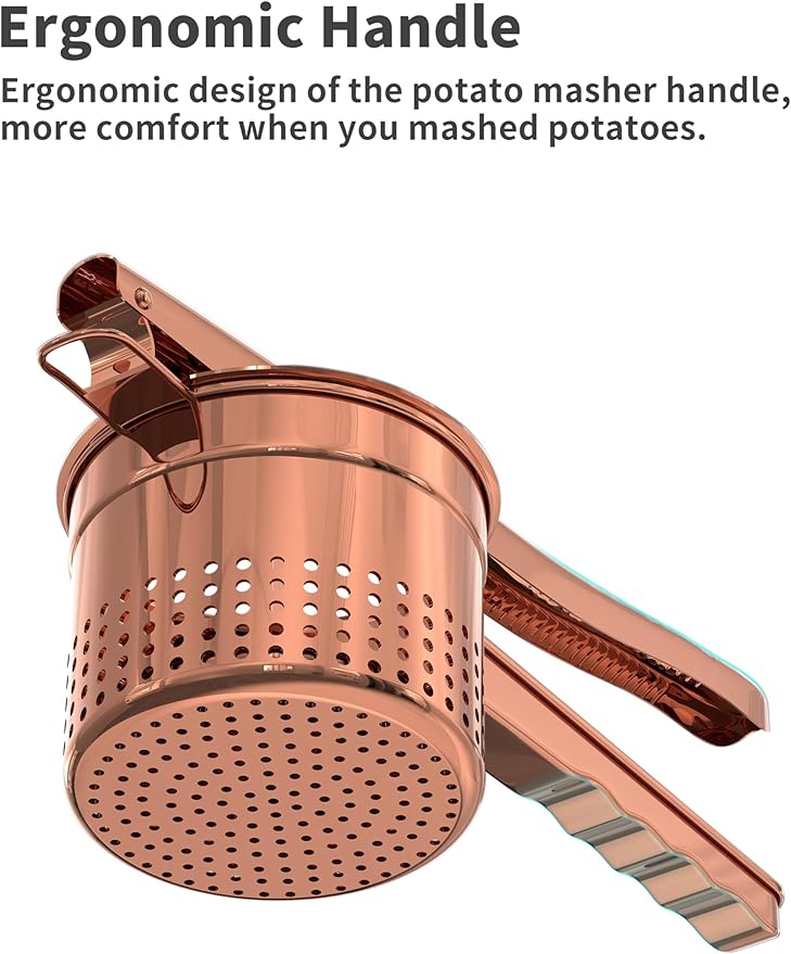 Livilord Large 15oz Potato Ricer, Heavy Duty Stainless Steel Ricer for Mashed Potatoes, Sweet Potato Masher Kitchen Tool with Ergonomic Handle, Press and Mash Kitchen Gadget, Rose Gold