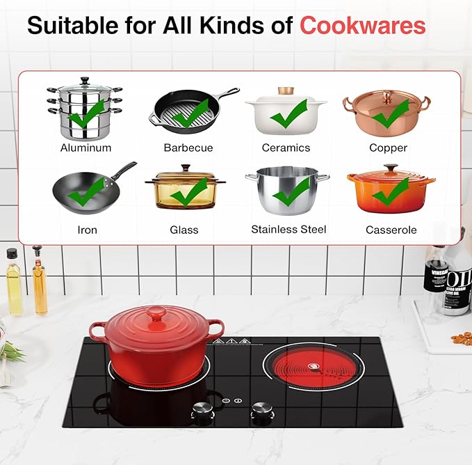 4000W Electric Cooktop: 24" Electric Stove 2 Burner Hot Plate Double Burner, Knob Control Countertop & Built-in, 9 Power Levels, Child Lock, Timer, Suitable for All Pans