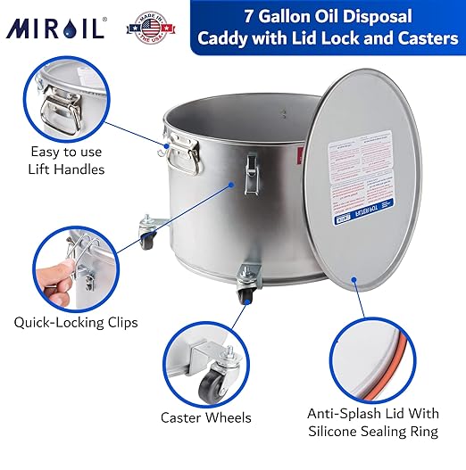 MirOil Filter Pot Combo, Oil Pot & Oil Filter Bag, 7 Gallon Deep Fryer Grease Disposal Caddy w/Castor Wheel & Reusable B6PS Strainer Bag for Filtering, Safe Storage, Extends Life & Polish Fryer Grease