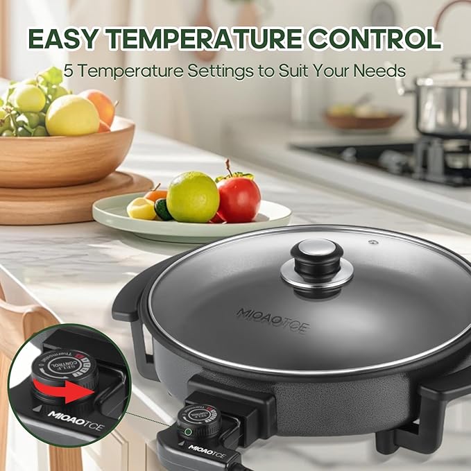 12" Round Electric Skillet with lid, Ceramic Nonstick Coating Electric Frying Pan, 1500W Quick & Even Heating, 5 Adjustable Temperature Control, Tempered Glass Lid & Cool-Touch Handles