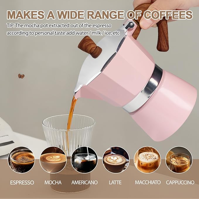 Aluminum 3 Cup 150ml Moka Pot Express Coffee Maker Stovetop Espresso Colorful Coffeemaker Italian Classic Style Brewing Greca Cafe Mocha Machine for Cafeteras Lover Camping Travel and Home Use 5oz