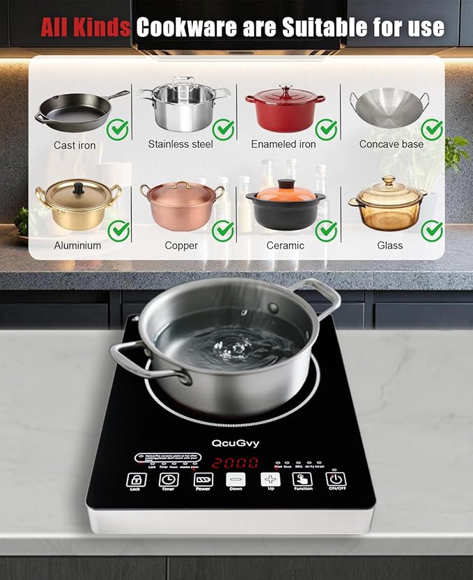 Portable Infrared Burner 2000W Electric Burner with 3 Hours Timer-Electric Hot Plate Touch Control Panel Adjustable Heating Power Glass Plate Electric Cooktop for Cooking (Black 2)