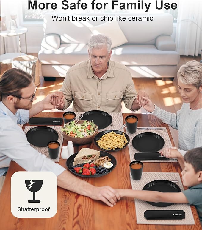 Quatish 24 Piece Plates and Bowls Sets for 6, Unbreakable Dinnerware Sets, Dish Set for Camping, Dishwasher Microwave Safe, Outdoor Kitchen and Apartment Dinning RV Essentials, Black