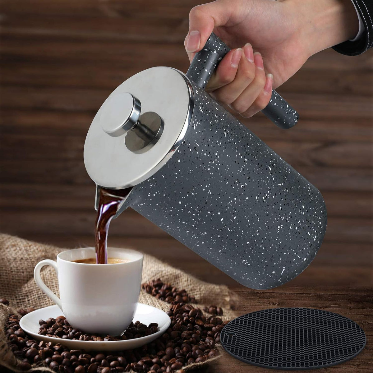 French Press Coffee Maker 34oz with Double-Insulated Stainless Steel Large Metal Coffee Press with 3 Layer Filtration System for Ultimate Coffee Tea Brewing in Travel Camping or Home