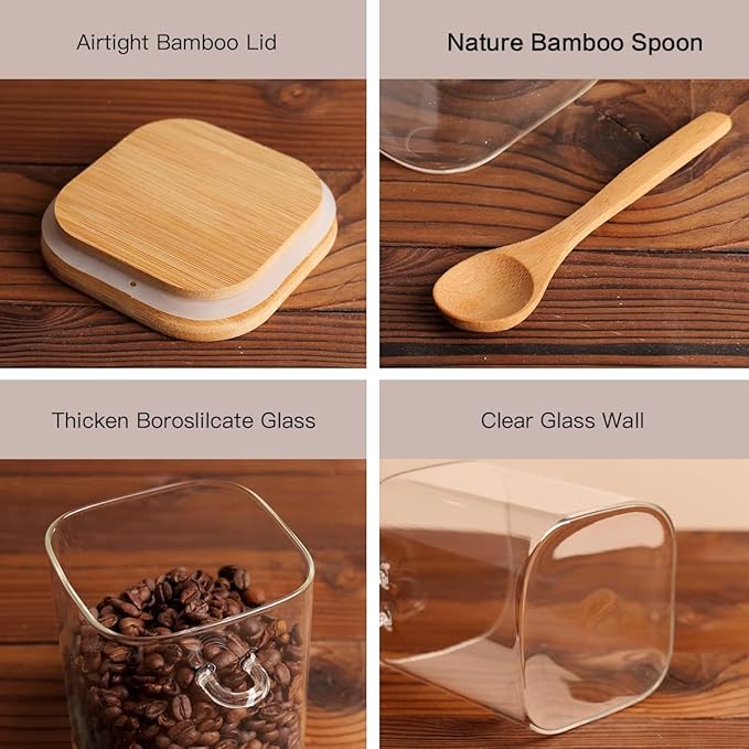 HHMJSM 6 Pcs Square Glass Jar with Bamboo Lid and Spoon - 27 oz Large Sugar Container with 148 Kitchen Pantry Spice Jar Labels Preprinted - Glass Containers with Wooden Lids Hold Coffee, Tea, Candy