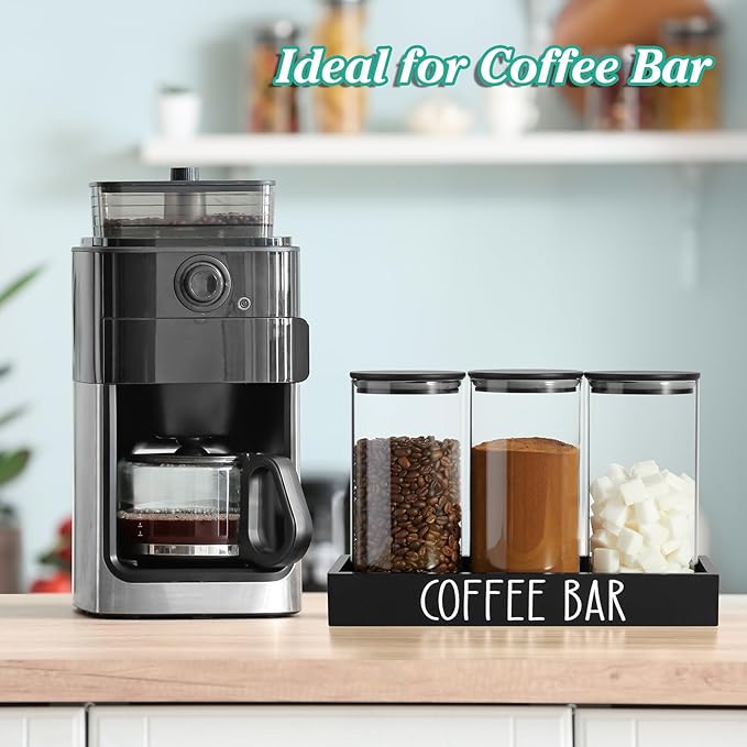 Glass Coffee Canister for Ground Coffee - 3Pcs 45oz Coffee and Sugar Container Set with Airtight Bamboo Lids and Black Tray - Farmhouse Coffee Bean Storage Jars for Coffee Bar Decor and Accessories