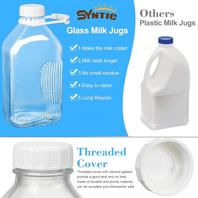 Syntic 4 Pack 2 Qt Glass Milk Bottles with Handle and Airtight Reusable Screw Lids, 1/2 Gal Glass Water & Juice Bottles with 2 Pour Spouts, 64 Oz Milk Jug Pitcher w Scale