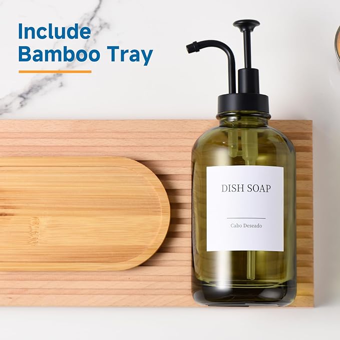 Glass Soap Dispenser with Pump, Dish and Hand Soap Dispenser for Kitchen Bathroom Set, Clear Glass Dispenser Set of 2 Pack with 18 Stickers Funnel Bamboo Tray 500ml 18oz Green