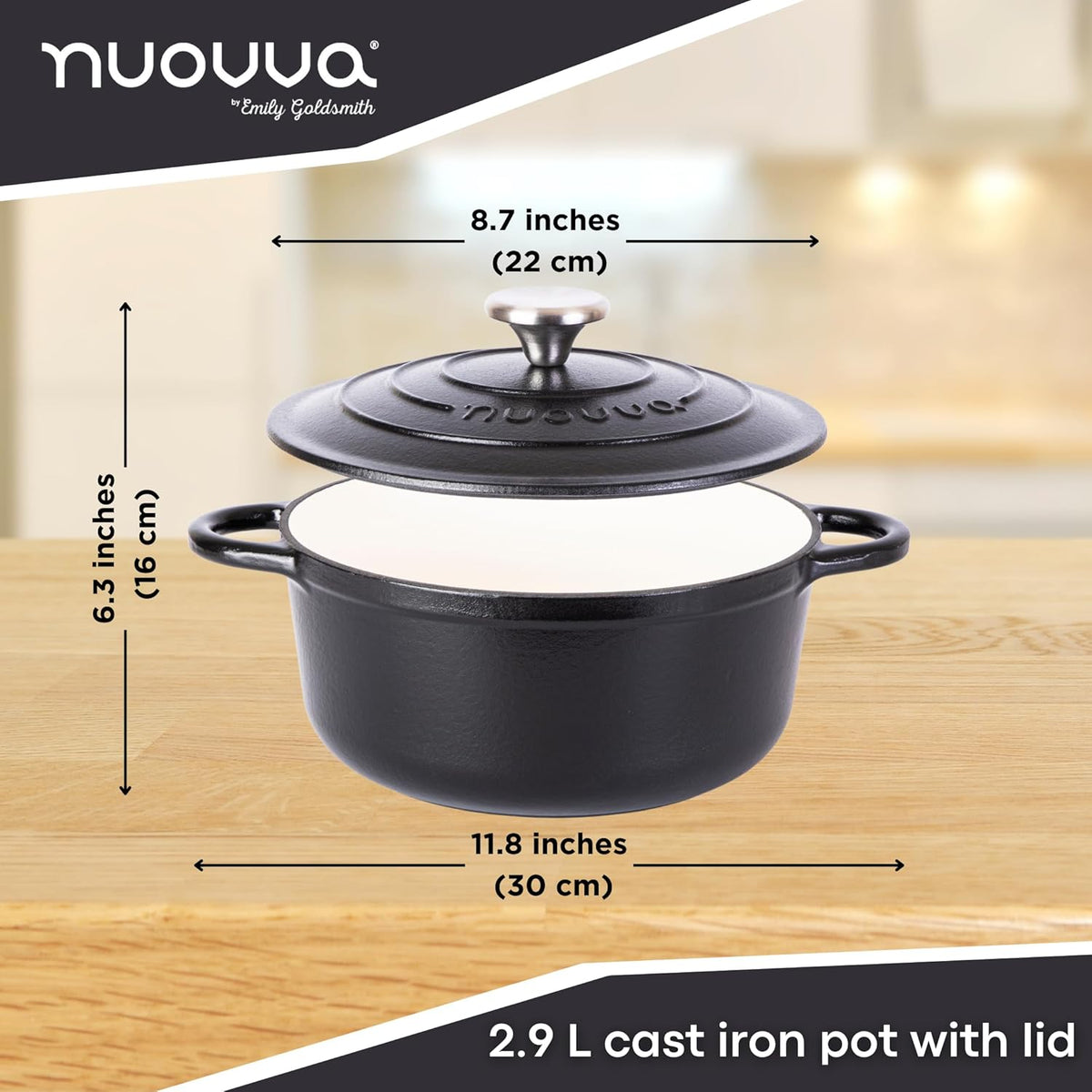 Cast Iron Dutch Oven with Lid – Non-Stick Ovenproof Enamelled Casserole Pot – Sturdy Dutch Oven Cookware – Black, 3.1-Quart, 22cm – by Nuovva