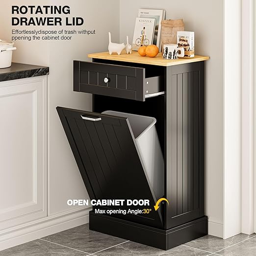 GAZHOME 10 Gallon Tilt Out Trash Cabinet, Upgrade Wooden Free Standing Recyclin Trash Cabinet with Hideaway Drawer(Black)