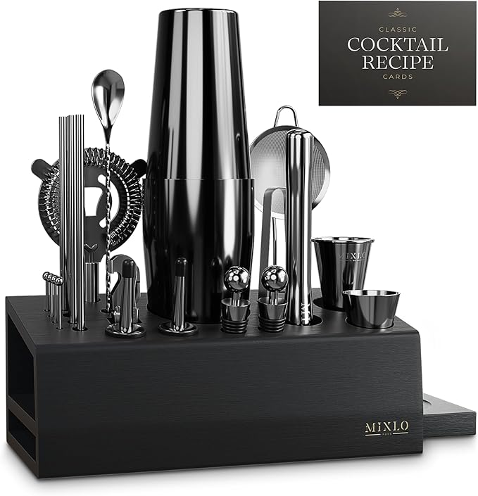 Mixology Bartender Kit - 22Pcs Bar Set Cocktail Shaker Set w Black Bar Cart Accessories Stand - Shakers Bartending Gun Metal Black Tools, 24oz Shaker, 17 Recipe Cards, Martini Barware