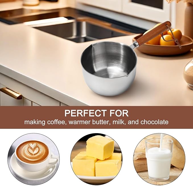 1Pc Stainless Steel Hot Oil Pan Hot Sauce Small Pot Cooking Butter Melting Pot, For Brewing Coffee, Warming Gravy, Melting Butter Or Chocolate, Heating Sauces, Silver(300ml)