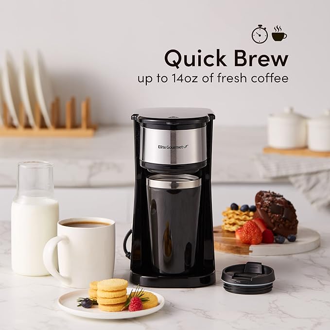 Elite Gourmet EHC-112B Personal Single-Serve Compact Coffee Maker Brewer Includes 14Oz. Thermal Travel Mug with Stainless Steel Interior, Compatible with Coffee Grounds, Reusable Filter, Black