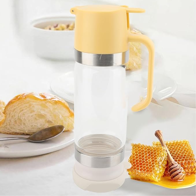 Bewinner Glass Honey Dispenser Pot - 350ml Honey Dispenser Portable Clear Glass Syrup Dispenser with Handle, Prevent Dripping,Honey Container for Coffee Shops Restaurants Home (Yellow)