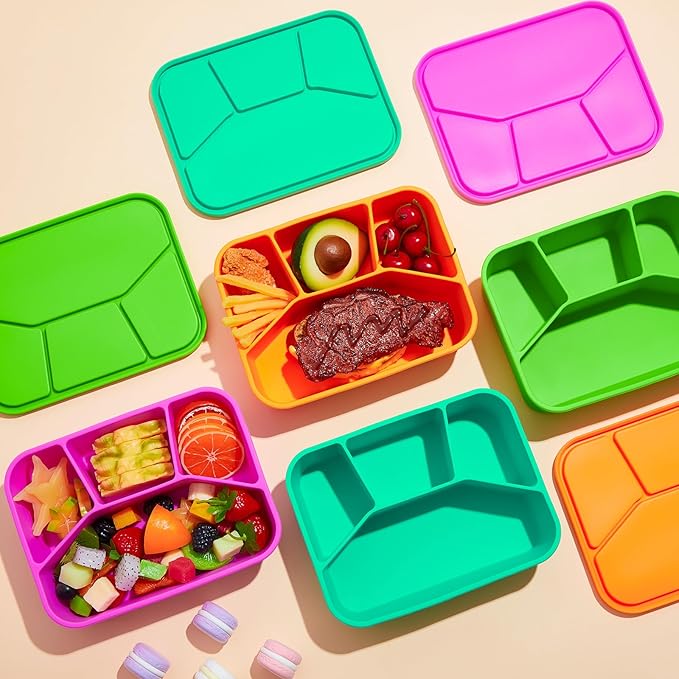 Ziliny 4 Pcs Silicone Bento Box Reusable Lunch Container Smooth Leak Proof Lunch Box Rectangle Bento Boxes for Adult Work Travel Food Meal Compartment Storage, 4 Colors (Brilliant Color)