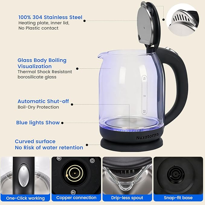Household Electric Kettle, All 304 Stainless steel and No Plastic Contact, Automatic Shut-off,Borosilicate glass Visual Boiling, 2.0L Water Boiler & Tea Kettle Perfect For Tea & Coffee (Black)