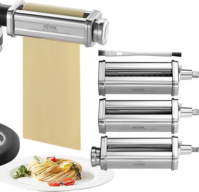 VEVOR Pasta Attachment for KitchenAid Stand Mixer, Stainless Steel Pasta Maker Attachment Includes Pasta Sheet Roller, Spaghetti Cutter, Fettuccine Cutter, 8 Adjustable Thickness Knob Pasta Maker 3Pcs