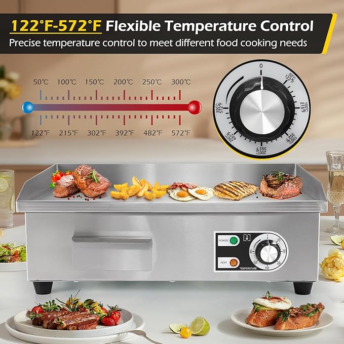 Dyna-Living Commercial Electric Griddle 22'' Flat Top Grill Countertop 3000W Stainless Steel Electric Griddle Nonstick Commercial Flat Top Griddle Countertop Grills, 122°F-572°F Temp Adjustable
