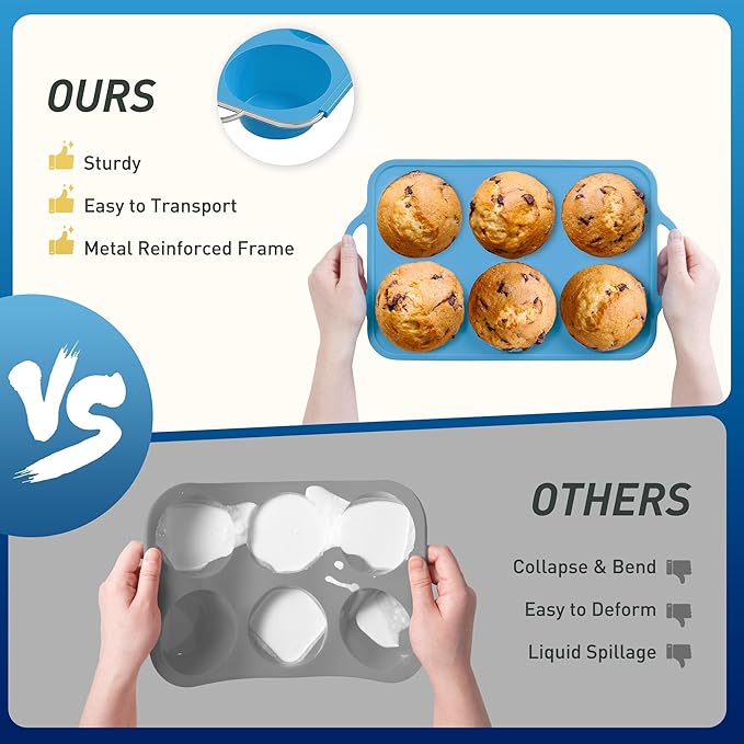Socisen 2 Packs 6 Cups Silicone Muffin Pan with Metal Reinforced Frame Jumbo Size Cupcake Pan Tray Egg Bites Silicone Molds Muffin Tin Tart Pans Bundt Pan Reposteria Accesorios Moldes Para Pasteles