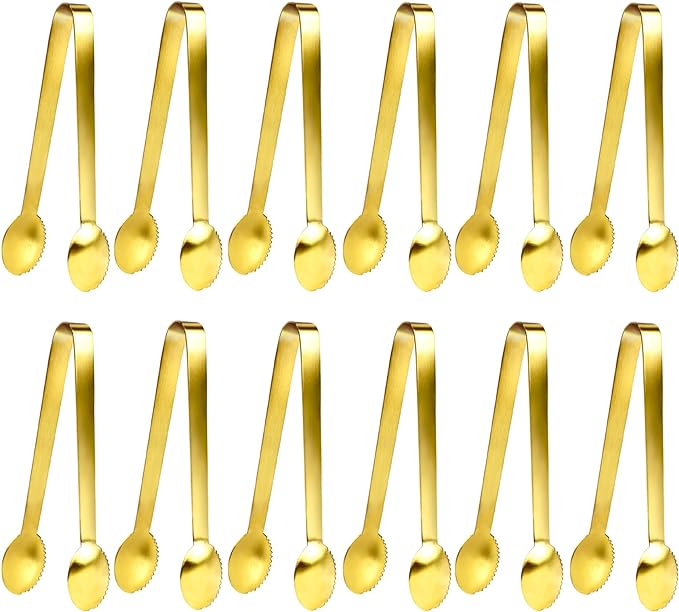JCREN 12 Pcs Gold Tongs - Stainless Steel Serving Tongs for Food, Appetizers, Desserts - 4.9inch