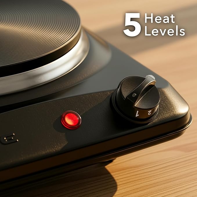 OVENTE Electric Countertop Single Burner, 1000W Cooktop with 7.25 Inch Cast Iron Hot Plate, 5 Level Temperature Control, Compact Cooking Stove and Easy to Clean Stainless Steel Base, Black BGS101B