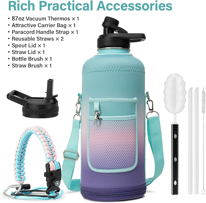 DYSANKY Insulated Water Bottle | Thickened Stainless Steel for Gym and Hiking with Straw, Carrier Bag, Handle Strap | BPA-Free 87 oz