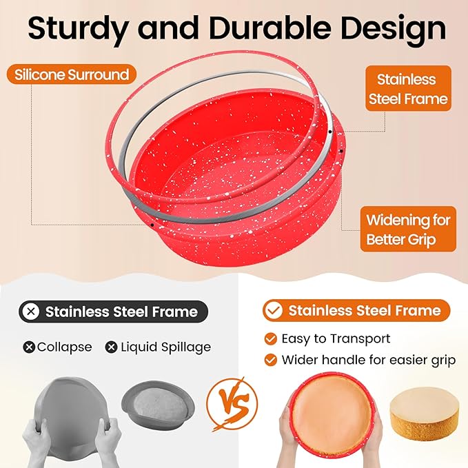 SJ 8 Inch Silicone Round Cake Pan with Metal Reinforced Frame Set of 2, Nonstick Silicone Cake Mold for Baking Suitable for Making Layers, Cheese & Chocolate Cakes for Christmas