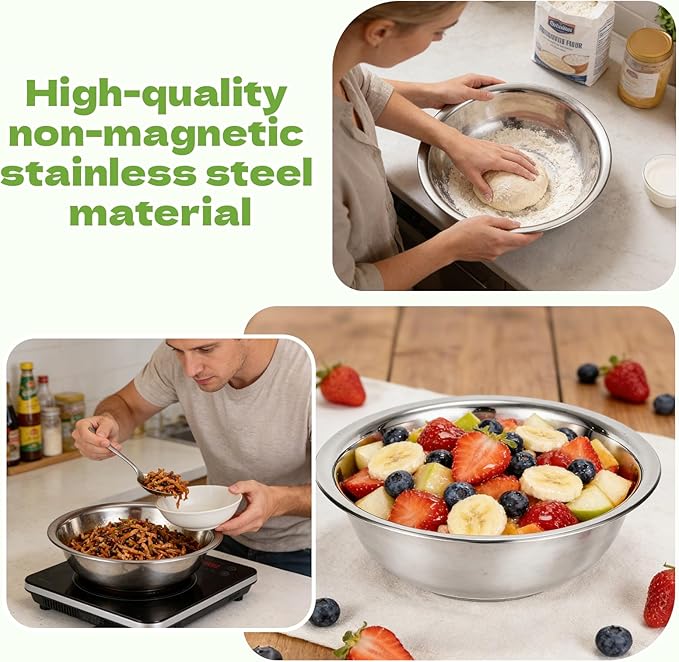 8 PCS Stainless Steel Mixing Bowls 13 Inch 8 Qt Extra Large Metal Basin with Mirror Finish, Heavy-Duty Salad Dough Bowl Kitchen Prep Bowl Dishwasher Safe Dish Tub for Home & Commercial Cooking