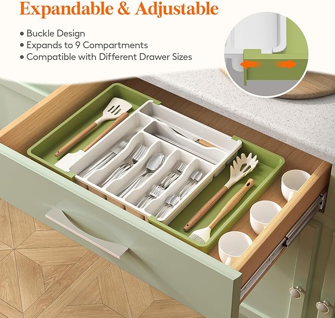 Lifewit Utensil Organizer for Kitchen Drawer, Expandable Cooking Silverware Tray, Adjustable Cutlery Flatware Holder, Plastic Spatula Tools Storage Divider, 13-22.4 x 15", Green&White