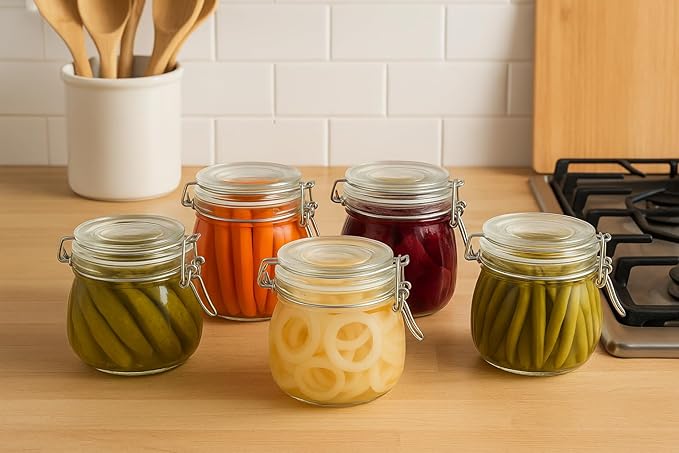 17oz Airtight Glass Jar with Lid, 6 Pack Clamp Lid Glass Storage Jars, Flip Top Food Storage Containers, Wide Mouth Thick Glass Jars for Yogurt Dessert Jam Sugar Snacks Pantry Kitchen Organization