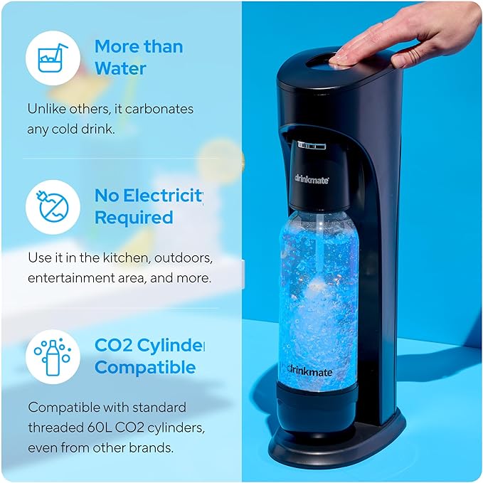 Drinkmate OmniFizz Sparkling Water Maker & Soda Streaming Machine | Carbonates Any Drink | BPA-Free Bottle | No Batteries or Electricity Required | CO2 Not Included (Matte Black)