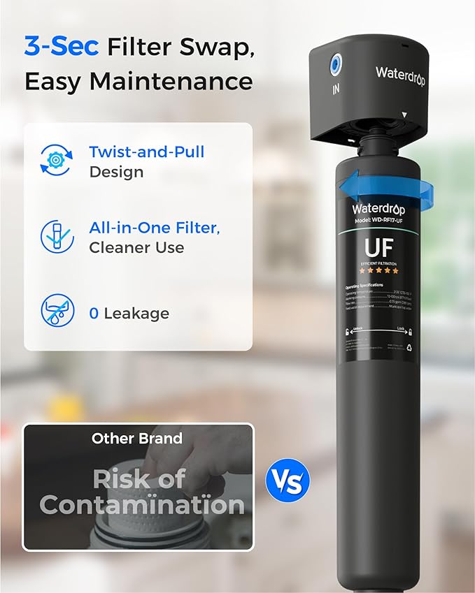 Waterdrop 17UB-UF 0.01 μm Ultra Filtration Under Sink Water Filter System, 3 Years, Reduces Lead, Chlorine, Bad Taste & Odor, with Dedicated Brushed Nickel Faucet