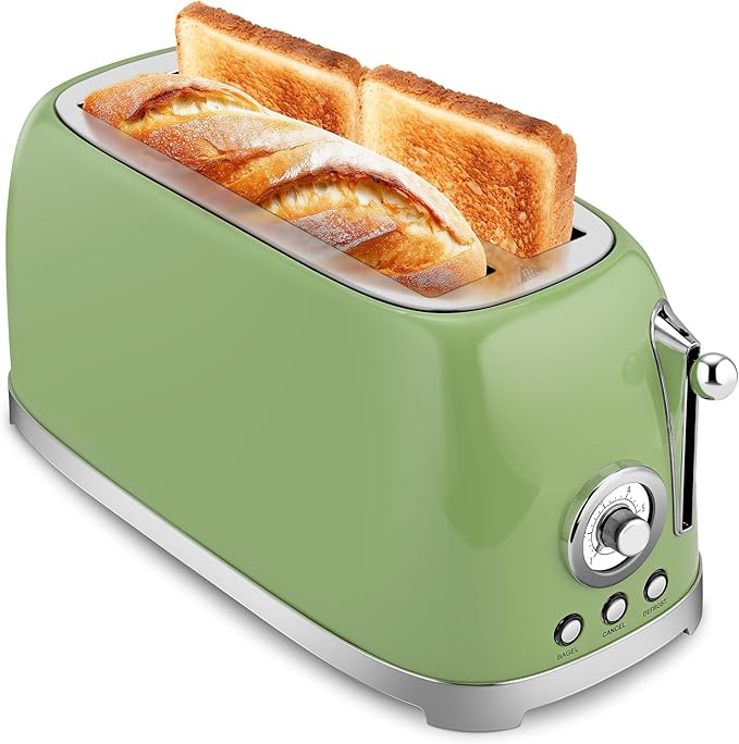 SUSTEAS Toaster 4 Slice Wide Slot, Stainless Steel Bread Bagel Toasters, Retro Long Slot Tostadora for Defrost, Reheat, Removable Crumb Tray, 1500W, 6 Browning Settings, Green