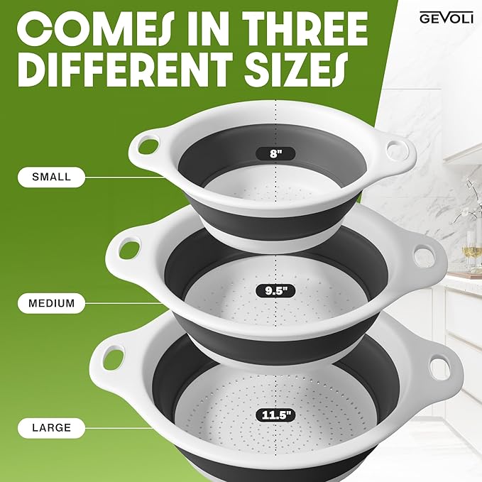 Collapsible Colanders (3 Pack Set) Food Strainers with Over-Sink Water Draining Base for Pasta Fruits and Vegetables (Patent Pending) White (3 Sizes, 3QT, 4QT and 5 Quart)