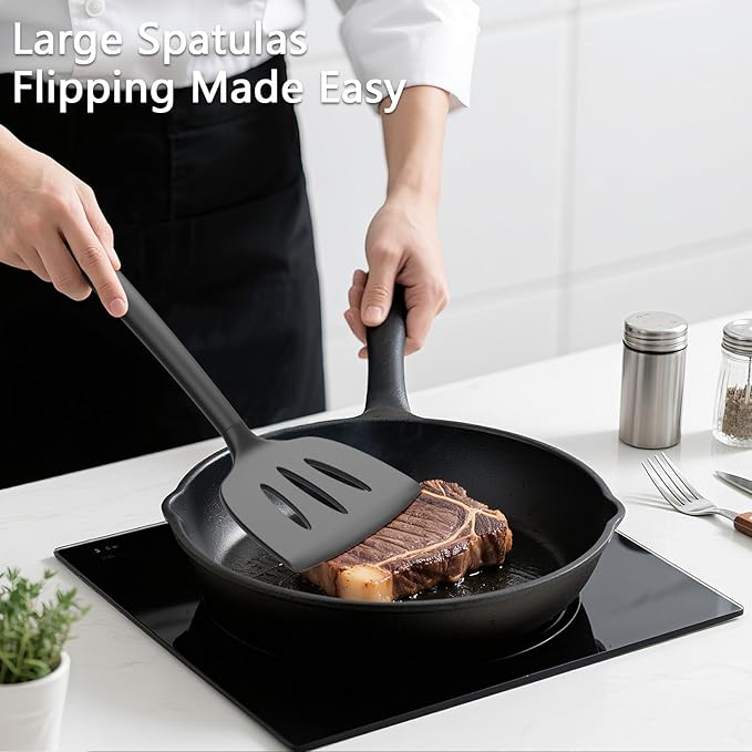 Coukre 3 Pack Silicone Spatula Set, High Heat Resistant, BPA-Free, Fish Spatula, Solid & Slotted Turner for Non-Stick Pans, Flipping Eggs, Pancakes, Fish, Burgers (3, PureBlack)