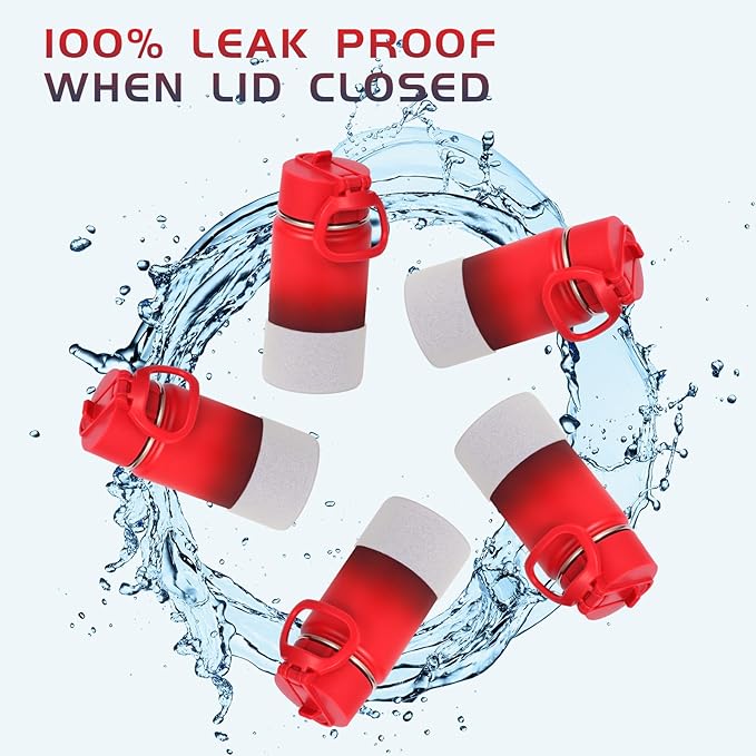 Volhoply 14oz KIds Water Bottle with Straw Lid and Silicone Boot Bulk 6 Pack,Stainless Steel Insulated Bottles for Boys & Girls Multipack, Double Wall Vacuum Leakproof Bottles(Red Purple,6)