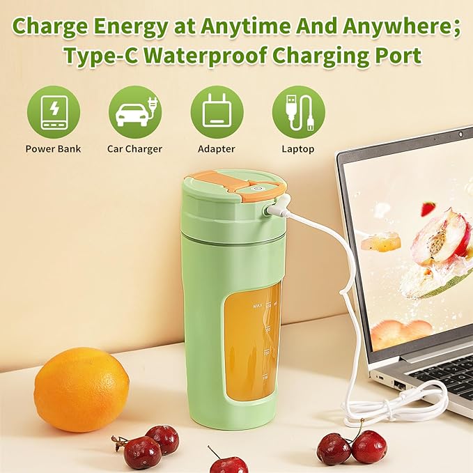 Slim Portable Blender Cup, 20oz (600ml) Personal Travel Juicer with Leakproof Lid, USB-C Rechargeable Licuadora Portatil for Smoothies and Shakes, Auto-Cleaning(green)