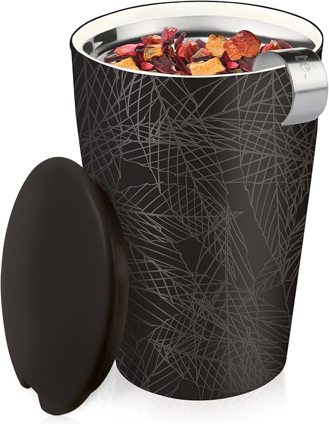 Tea Forte Double-Walled Ceramic Kati Cup, Removable Stainless Steel Infuser Basket and Lid, Steeps 12 oz Loose Leaf Tea, Dishwasher & Microwave Safe, Gifts for Mom, Noir