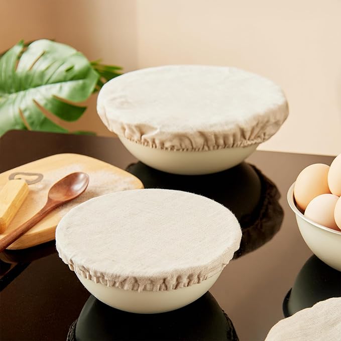100% Pure Linen Bowl Covers For Bread Proofing, 2 Pcs 10 Inches Elastic Reusable Solid Color Cloth Fabric Bowl Covers,Medium Organic Washable Large Stretch Sourdough Lids, Linen
